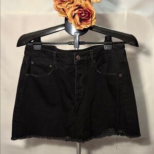 American Eagle Outfitters Black Denim Mini Skirt with Frayed Hem